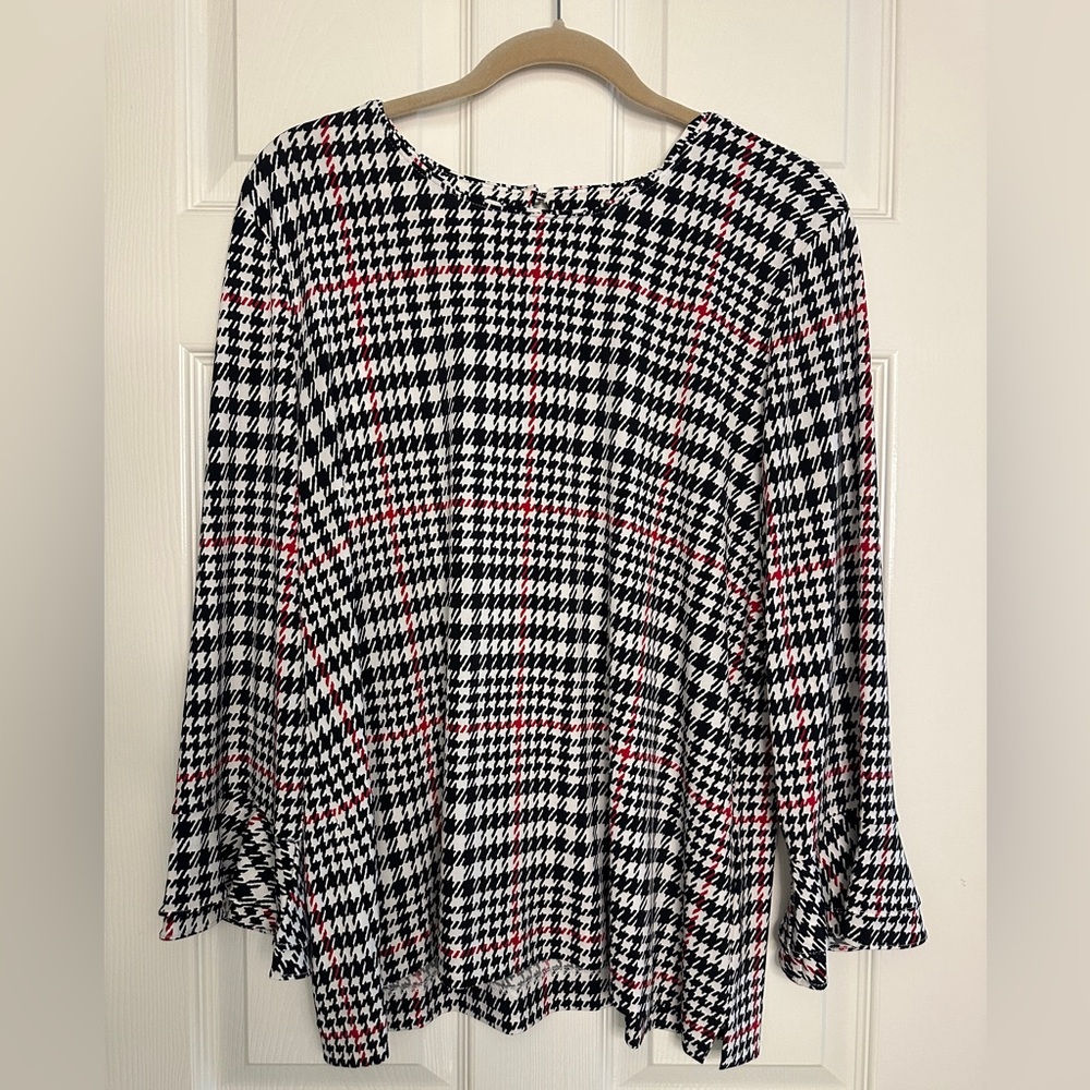 Karl Lagerfeld Black and White Houndstooth Blouse with Red Accents